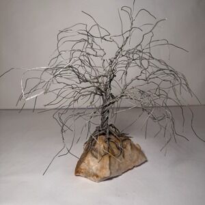 Medium Mid Century Modern Twisted Wire Metal Stone Tree Sculpture Artist MCM